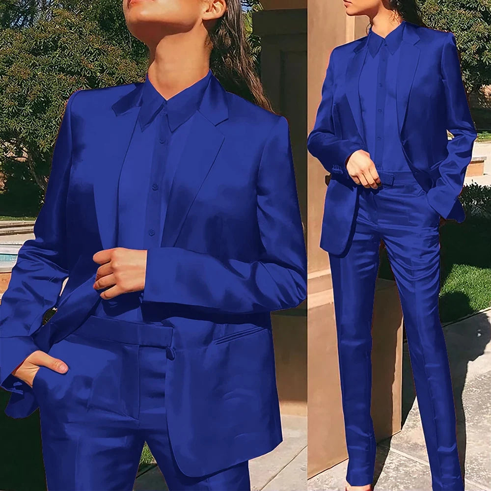 Women’s Red Satin Suit 2 Piece (Jacket+Pants) Set Gorgeous Single-breasted Blazer for Evening Party Formal Cocktail Streetwear