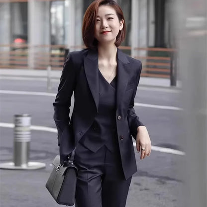 Formal Navy Blue Women 3 Piece Suit Single Breasted Peak Lapel Coat Vest Pants Custom Casual Party Prom Women Dress Pant Suits