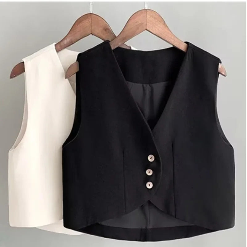 Xiaoxiangfeng Women's Vest Spring Summer New Short Suit Vest Fashion V-Neck Sleeveless Jacket Female Short Blazer Vest Waistcoat