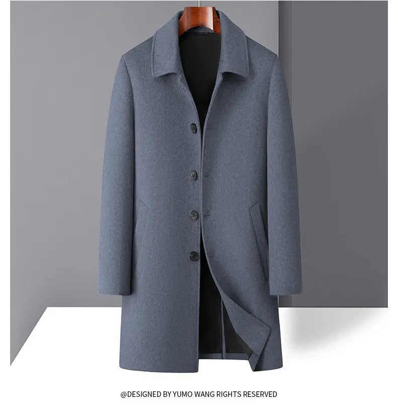 High-quality men's fashionable, stylish and versatile solid-color casual long woolen overcoat, wool woolen overcoat
