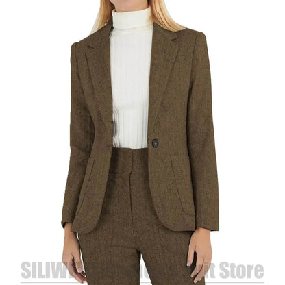 Fashion Herringbone Women's Suit One Button Wool Blend Blazer and Pants Set Formal Office Two Piece Stylish Daily Casual Suits