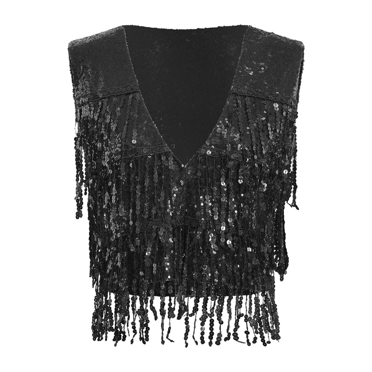 Women's Vest Glitter Tassel Sleeveless Waistcoat V Neck Open Front Shiny Sequins Vests for Jazz Dancing Music Festival Clubwear