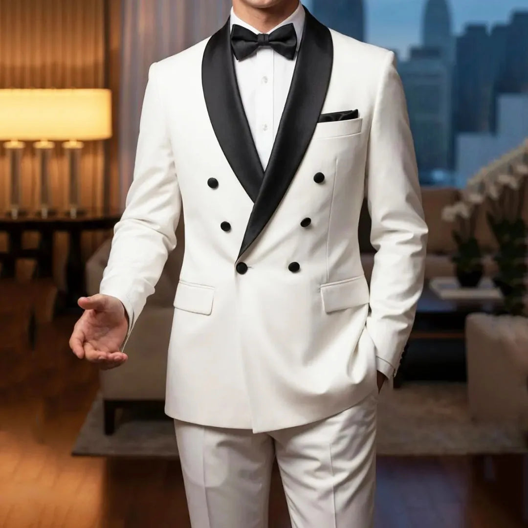 Men Suit White 2 Piece Double Button With Bright Black Lapel For Wedding Birthday Banquet Party Prom Business Work Jacket Pants