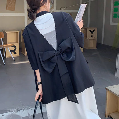 Summer New Women's Blazer Short Sleeves Back Bowknot Chain Niche Design Elegant High-end Sweet Ins Chic Tide Jacket HK14700