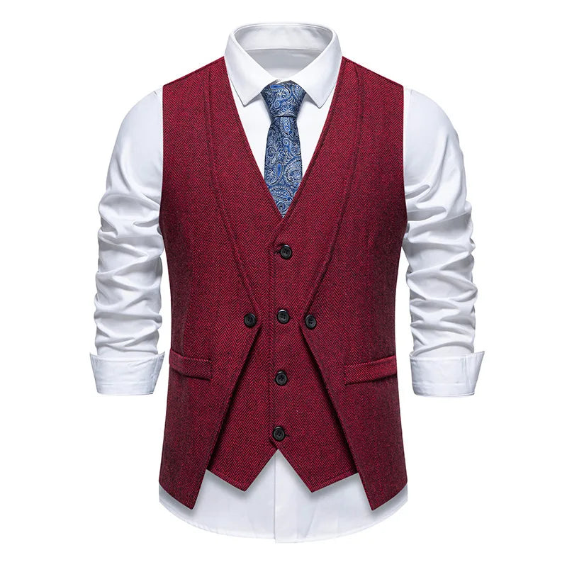 Men's Triple-Breasted Herringbone Tweed Vest – Retro Fake Two-Piece Waistcoat for Weddings & Smart-Casual Occasions
