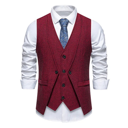 Men's Triple-Breasted Herringbone Tweed Vest – Retro Fake Two-Piece Waistcoat for Weddings & Smart-Casual Occasions