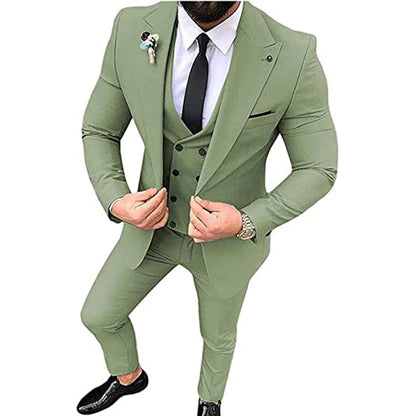 Beige Men's Suits Groom Tuxedos Slim Fit Business Casual Peak Lapel 3 Piece Suit Set Costume Homme (jacket+pants+vest)