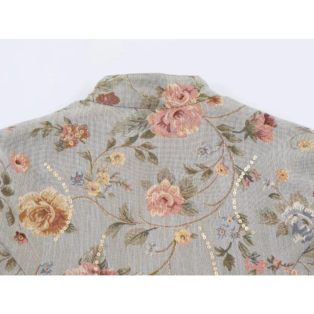 Elegant Chic Jacquard Blazers for Women New Spring & Autumn Raised Collar Buttoned Blazers with Asymmetric Hem and Patch Pockets