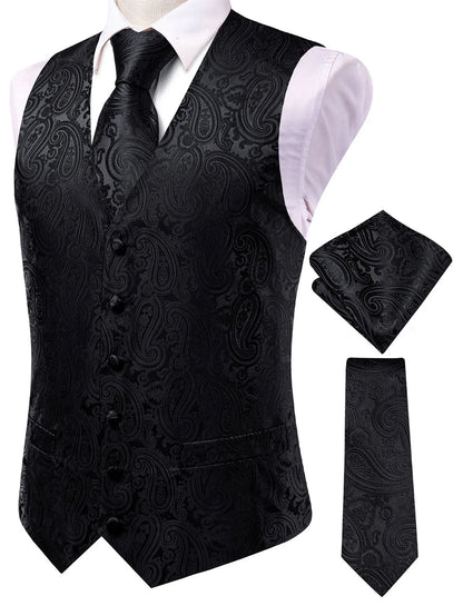 Men's Jacquard Vest 3-Piece Set – Satin Formal Waistcoat with Tie & Pocket Square for Weddings