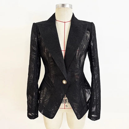 2026 Spring New Women Blazer Sheer Mesh Embroidery Waist Cinching Slim Fit Single Button Elegant Sexy Luxury Jacket HK18562