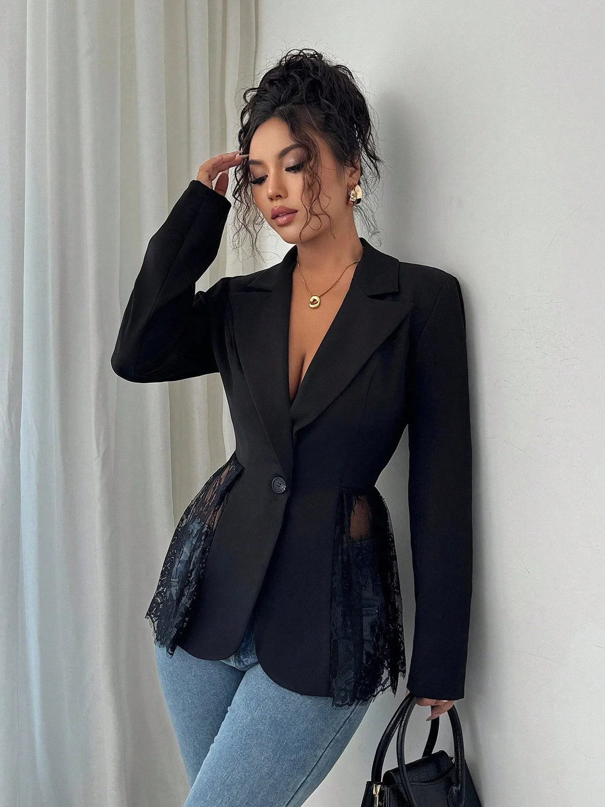 Elegant Style Women's Suit Jacket A-Line Silhouette Lace Waist Color Block Autumn New Arrival Fashion Outerwear
