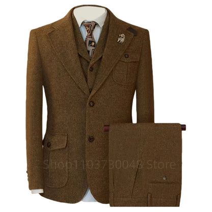 Men's Gray Wool Tweed Slim Fit 3 Piece Suit Winter Formal Herringbone Business Tuxedo Groom Male Jacket Vest Pants Set