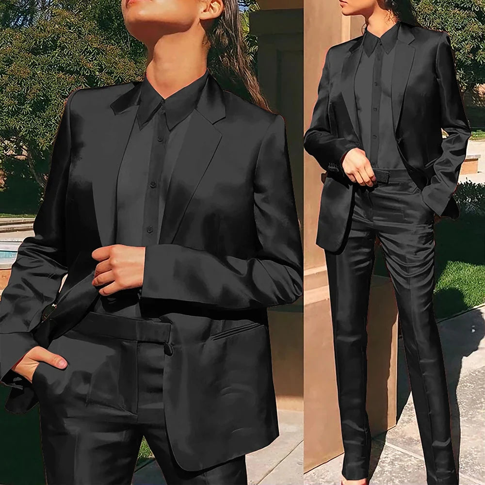 Women’s Red Satin Suit 2 Piece (Jacket+Pants) Set Gorgeous Single-breasted Blazer for Evening Party Formal Cocktail Streetwear