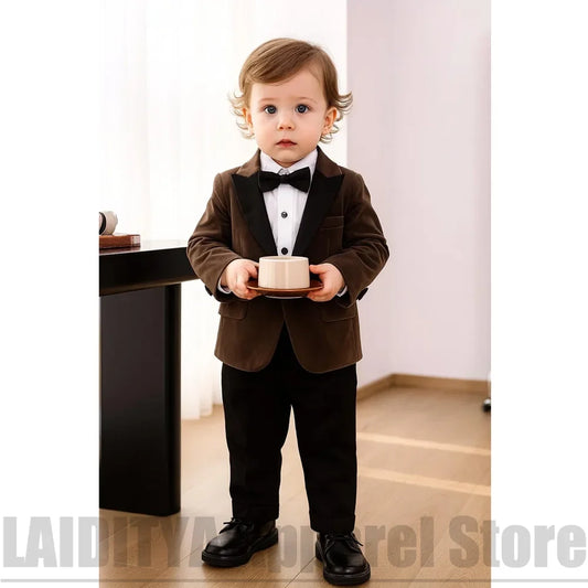Baby Boys Velvet Suit Set Peak Lapel One Button Jacket Trousers Children Wedding Flower Boy Suits Birthday Party 2 Piece