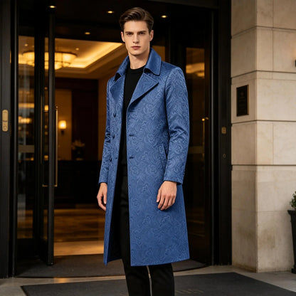 Men Luxury Jacquard Long Trench Coat Lapel Formal Overcoat Outerwear For Wedding Prom Banquet Club Evening Business Stage Party