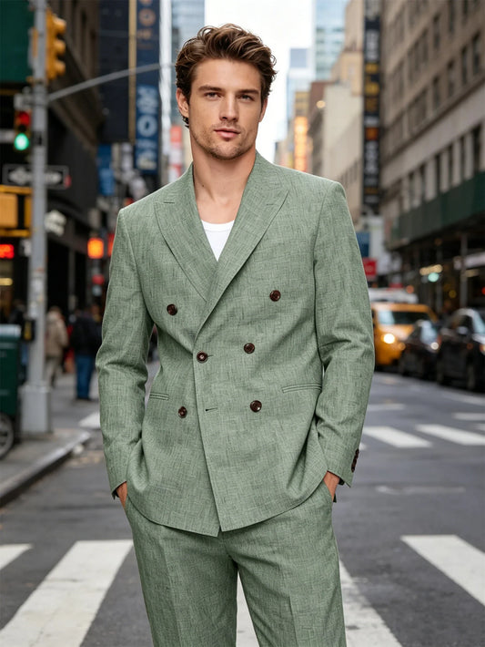 2 Piece Men’s Linen Blend Suit Set Double Breasted Peak Lapel Blazer Adjustable Waist Pants For Beach Wedding Business Casual