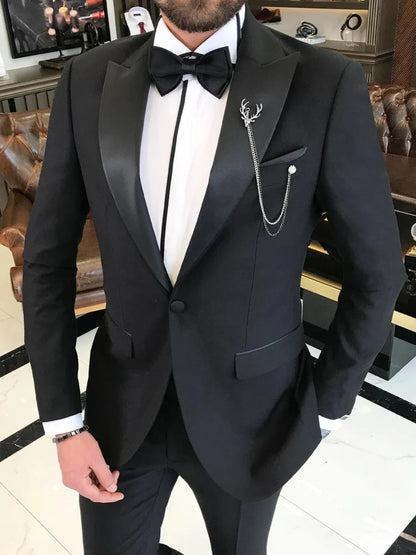 Men Suit 2 Piece Black With Bright Lapel Single Button For Wedding Banquet Birthday Party Business Office Daily Jacket And Pants