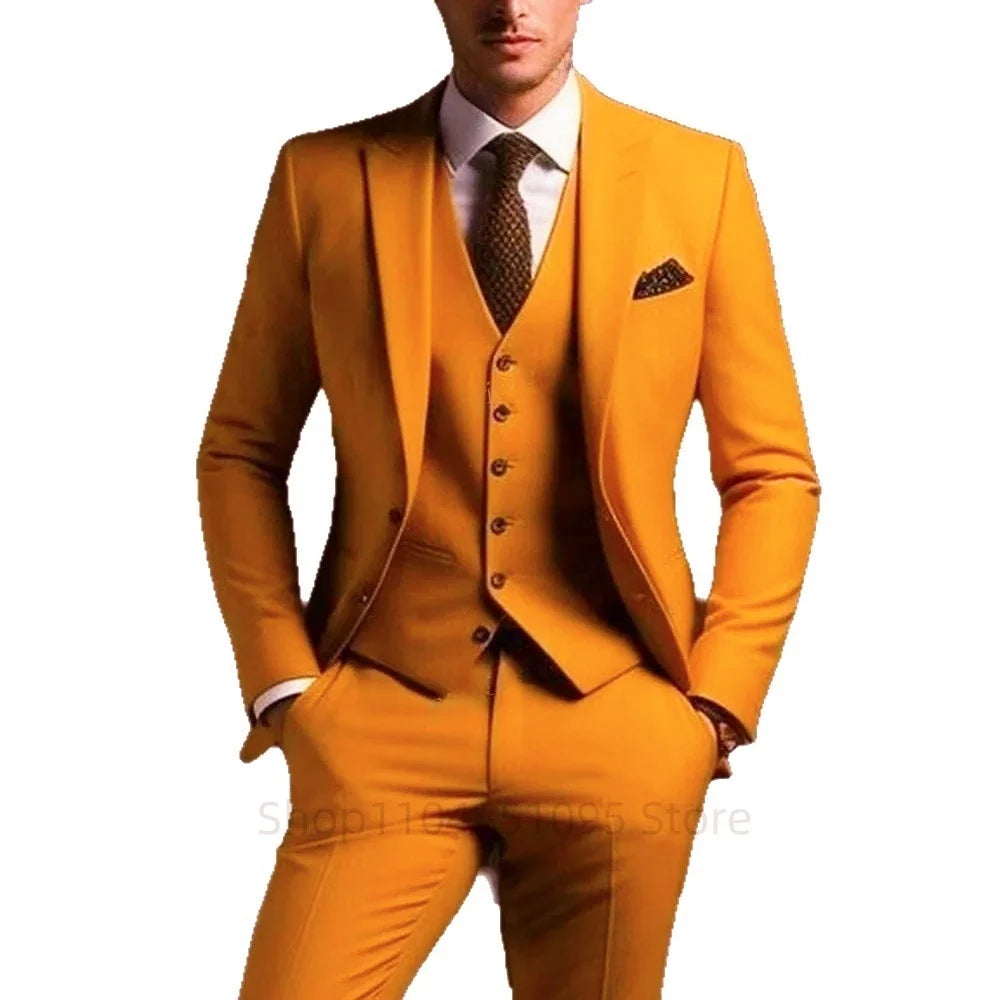 Elegant Gray Men's Suit Slim Fit Fashion Wedding Tuxedo 3 Piece Two Buttons Peak Lapel Blazer Vest Pants for Party Homme Costume