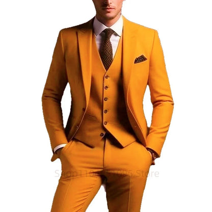 Classic Wedding Tuxedos Solid 3 Pieces Suits Slim Fit Groomsmen Suit Male Formal Business Men Clothing Party(Jacket+Vest+Pants)