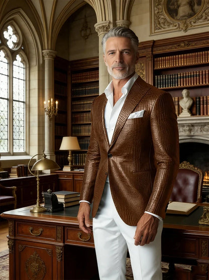 Men's Crocodile PU Leather Blazer Jacket Vintage Single Breasted Suit Coat Fashion Party Wedding Business Casual Outerwear