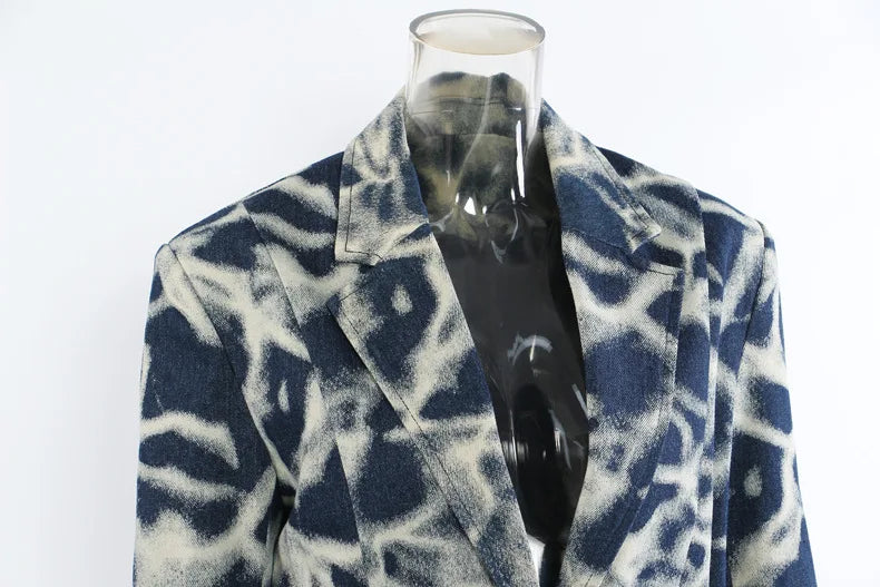 2026 Spring Autumn New Women's Blazer Tie-dye Single Button Pockets Waist Cinching Elegant Coats Retro Denim Jacket HK18495