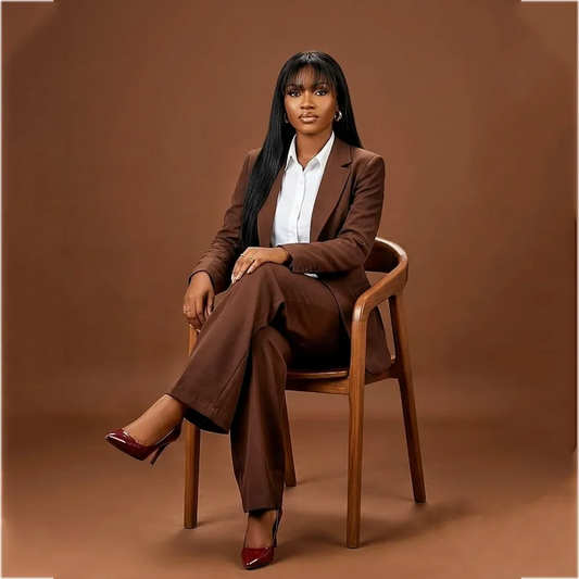 Women Brown Two Pieces Suit Set Notched Lapel Blazer Pants Elegant Formal Business Outfit For Office Interview Daily Wear
