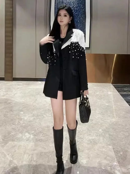 Elegant Women Autumn New Pearls Beading Mid Long Blazer Jacket Mixed Colors Loose Fit Office Ladies Suit Coat Party Outerwear
