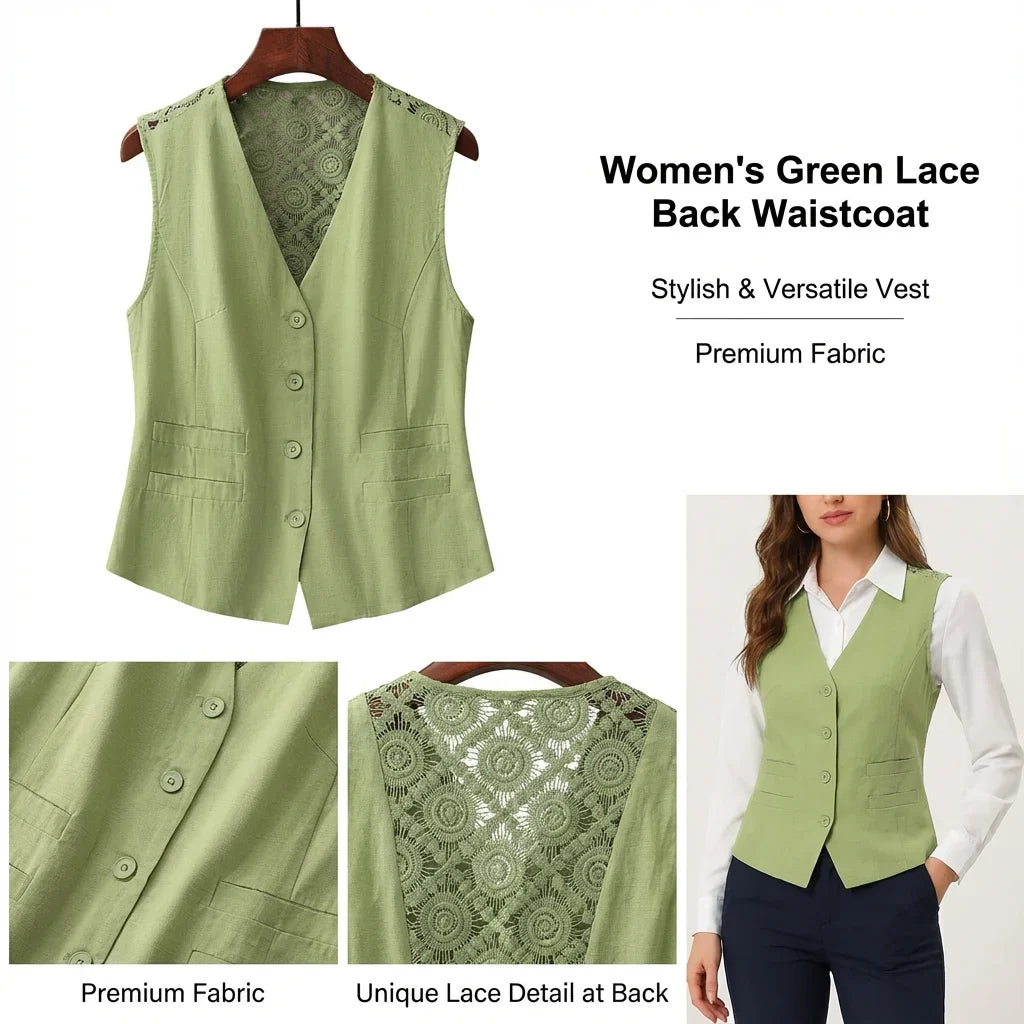 Women’s Summer Button Vest with Crochet Lace Back — Breathable, Linen-Style Texture, Deep V-Neck, Casual to Office Layer
