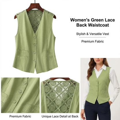 Women’s Summer Button Vest with Crochet Lace Back — Breathable, Linen-Style Texture, Deep V-Neck, Casual to Office Layer