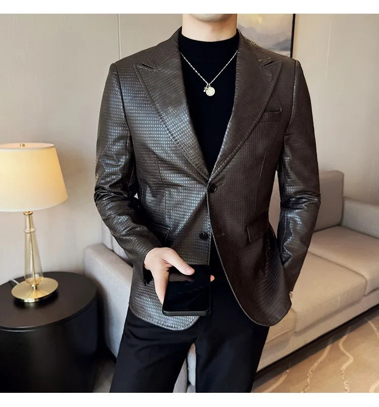 Korean Waffle Leather Suit Jacket Men's Business Casual PU Leather Blazer Slim Fit Wedding Groom Office Social Formal Coats 2026