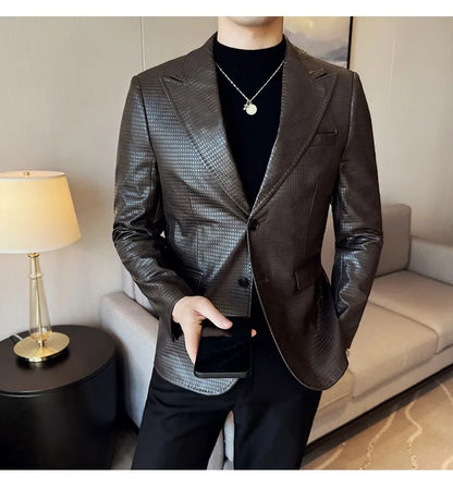 Korean Waffle Leather Suit Jacket Men's Business Casual PU Leather Blazer Slim Fit Wedding Groom Office Social Formal Coats 2026