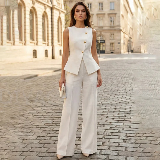 Women Suit Sleeveless Gold Button Waistcoat and Wide Leg Pants Elegant Office Lady Work Wedding Casual Chic 2 Piece Outfit