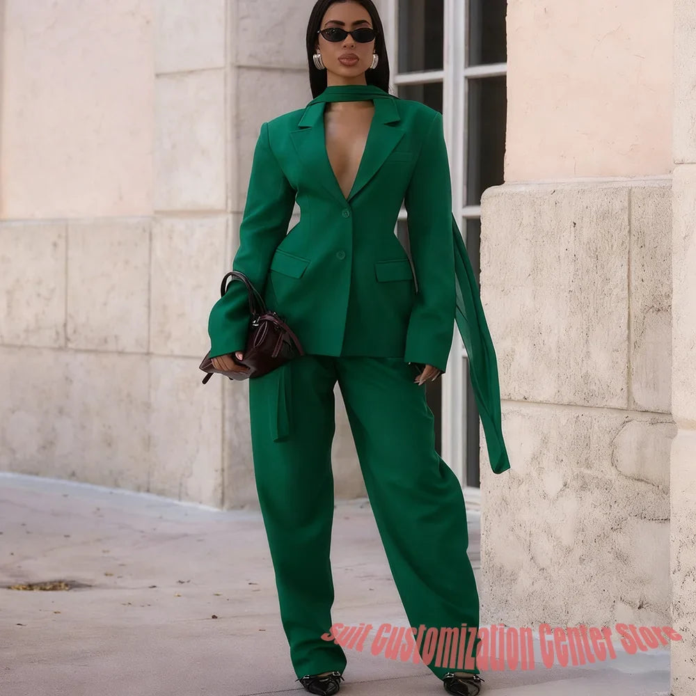 Professional Women's Jacket+Pants Sets Single Breasted Notch Lapel Suit 2Piece Chic Business Evening Party Outerwears