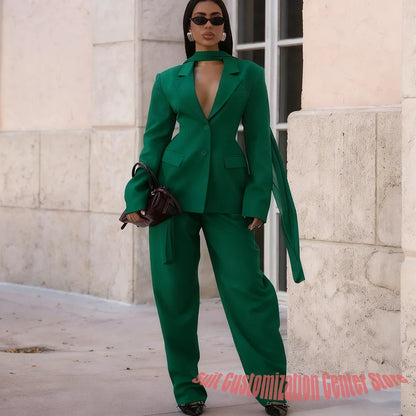 Professional Women's Jacket+Pants Sets Single Breasted Notch Lapel Suit 2Piece Chic Business Evening Party Outerwears