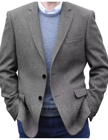 Men's Brown Herringbone Tweed Blazer Single Breasted Notch Lapel Jacket Prom Tuxedo Woolen Suit Coat for Office Business Wedding