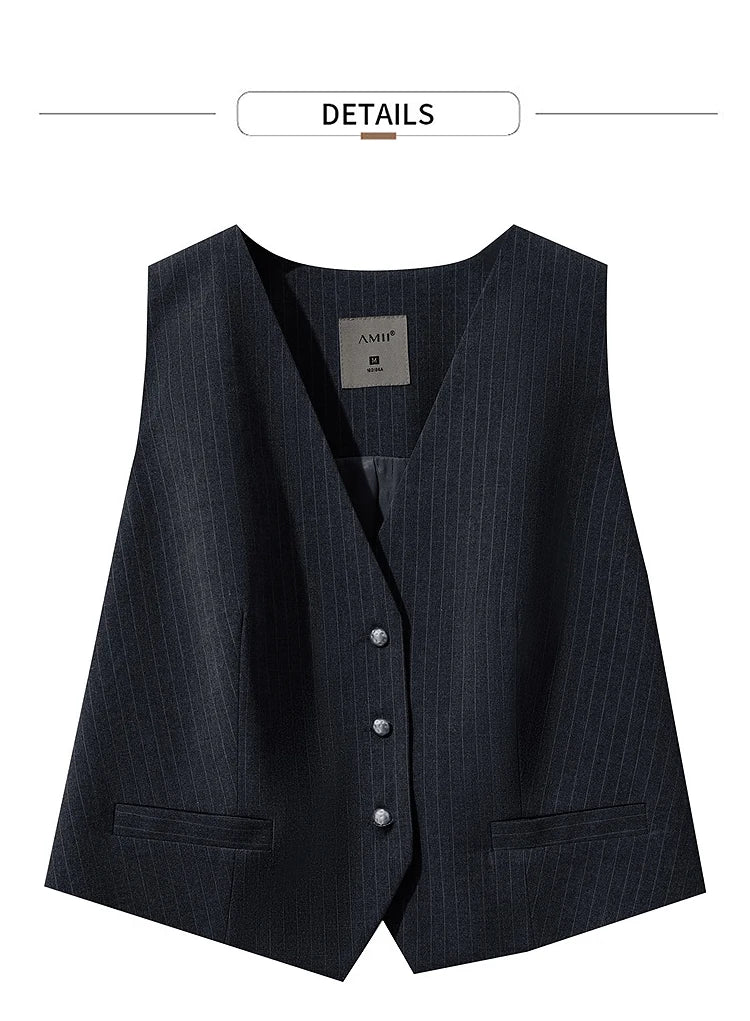 Women's Vest 2025 Autumn New V-neck Single Breasted Striped Sleeveless Vest Women Office Short Elegant Top Female 12523090