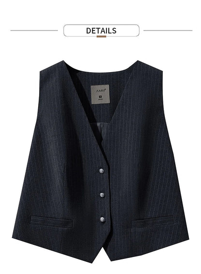 Women's Vest 2025 Autumn New V-neck Single Breasted Striped Sleeveless Vest Women Office Short Elegant Top Female 12523090