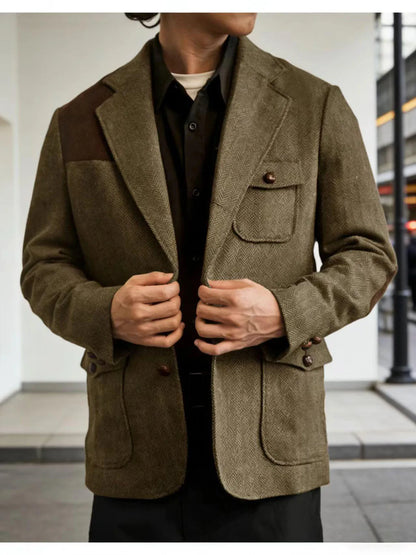Men's Herringbone Tweed Blazer Shoulder Patchwork Suede Notch Lapel Suit Jacket Classic Fit Casual Business Vintage Sport Coat