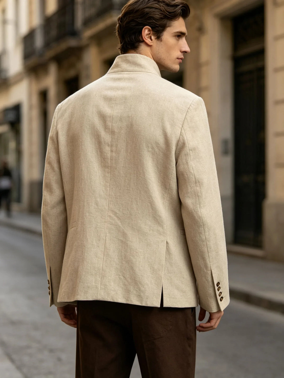  Mandarin Collar Men‘s Blazer Linen Blend Chinese Stand Collar Men Jacket Asymmetric Button Breathable Men Coat Wedding Party