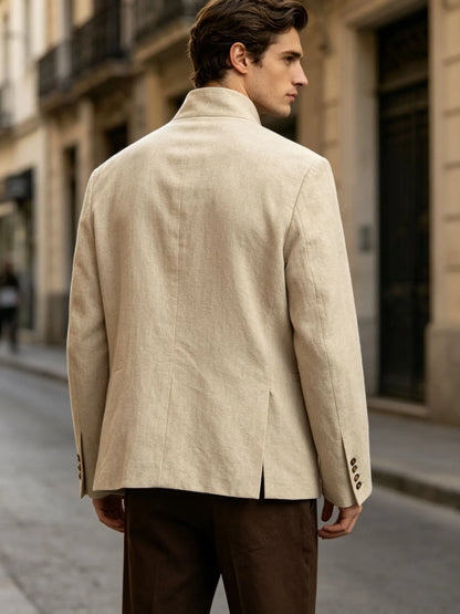  Mandarin Collar Men‘s Blazer Linen Blend Chinese Stand Collar Men Jacket Asymmetric Button Breathable Men Coat Wedding Party