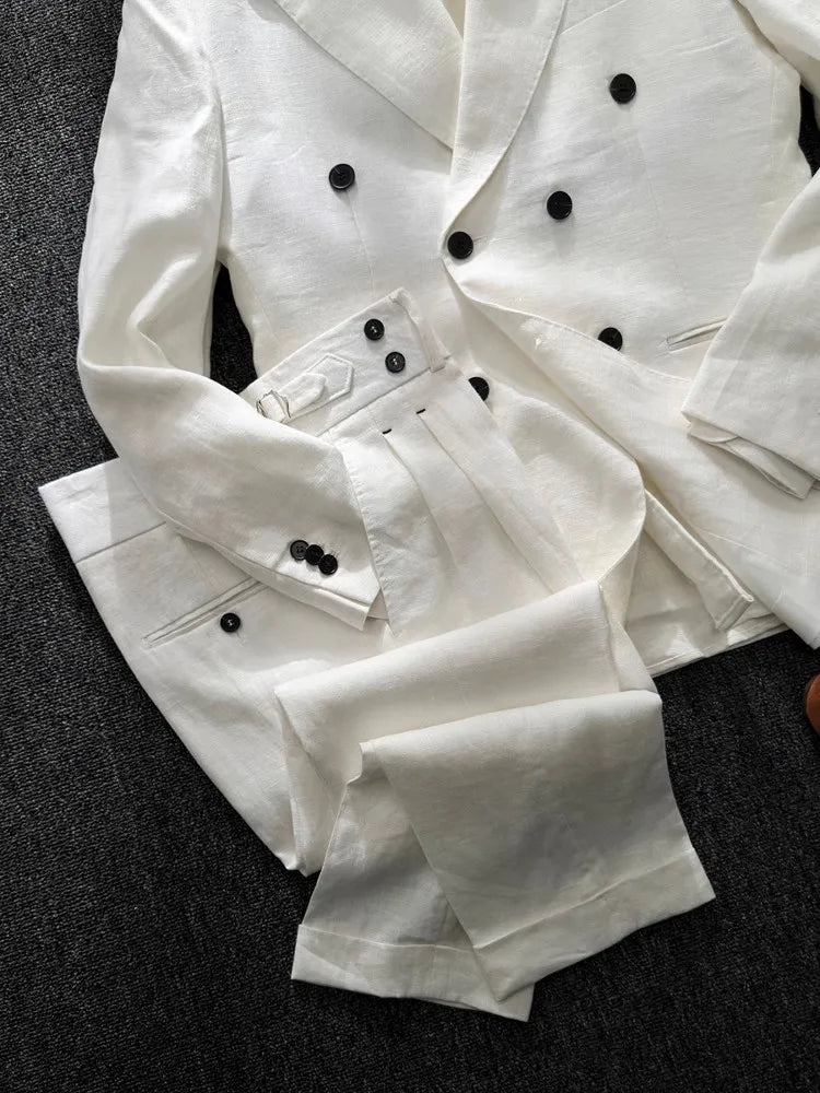 Men's Double-Breasted Linen Suit – Slim Fit Blazer & Pants Set for Wedding & Business