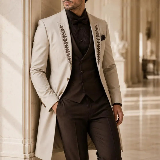 3 Piece Long Coat Suit Cream Beige Contrast Brown Men Brown Leaf Notch Lapel Waistcoat Pants Victorian Wedding Groom Customized