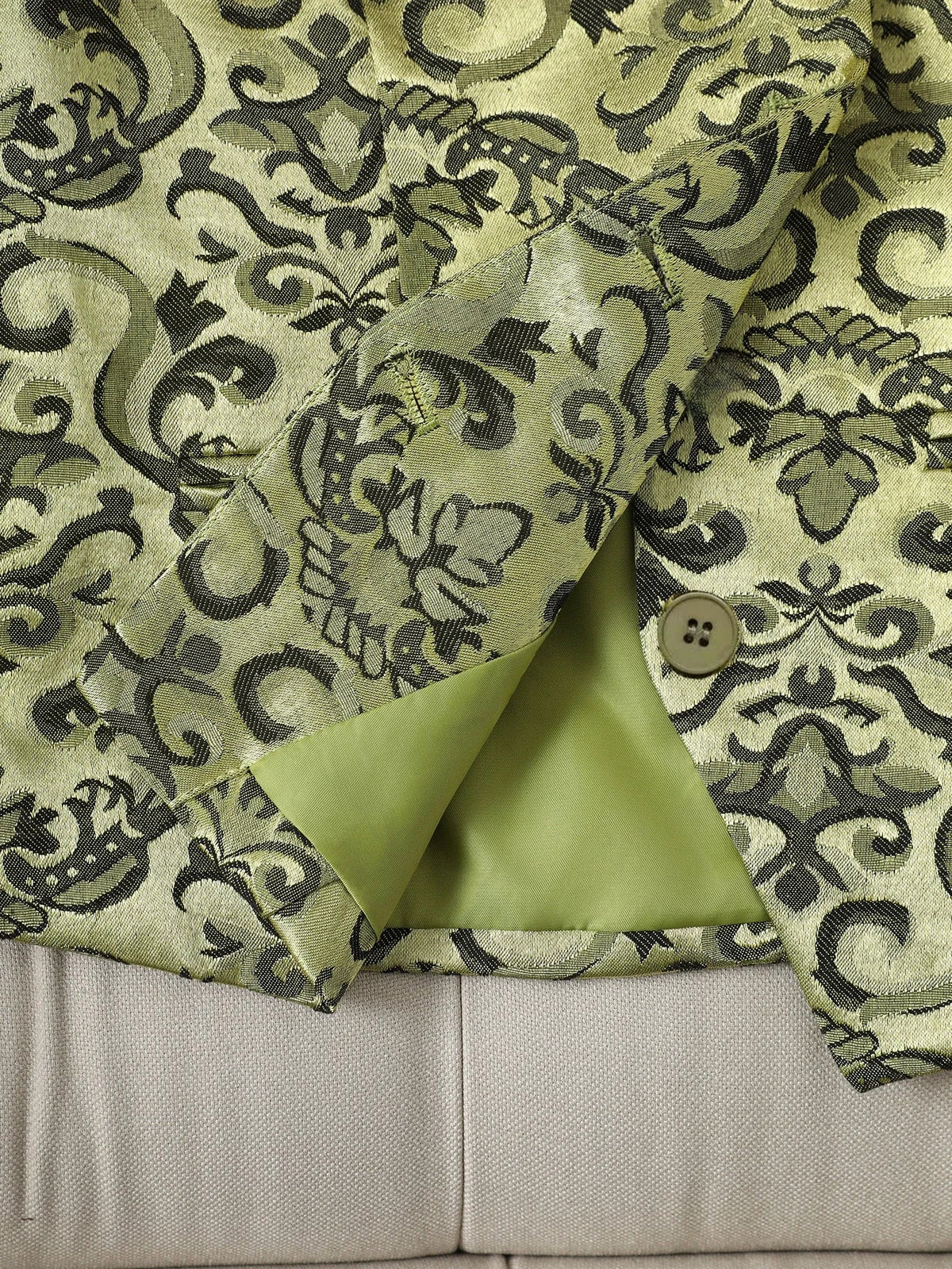Women's Vintage Jacquard Vest in Green - Elegant Baroque Print Button-Up Waistcoat Luxury Satin Jacquard Vest with Ornate