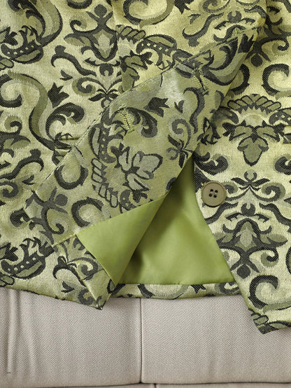 Women's Vintage Jacquard Vest in Green - Elegant Baroque Print Button-Up Waistcoat Luxury Satin Jacquard Vest with Ornate