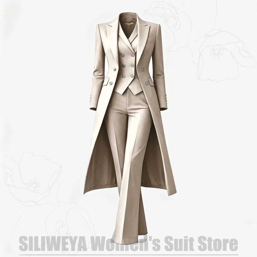Women's Suit 3 Piece Double Breasted Long Coat Vest Pants Elegant Formal Business Wear Luxury Wedding Party Prom Outfit 2026