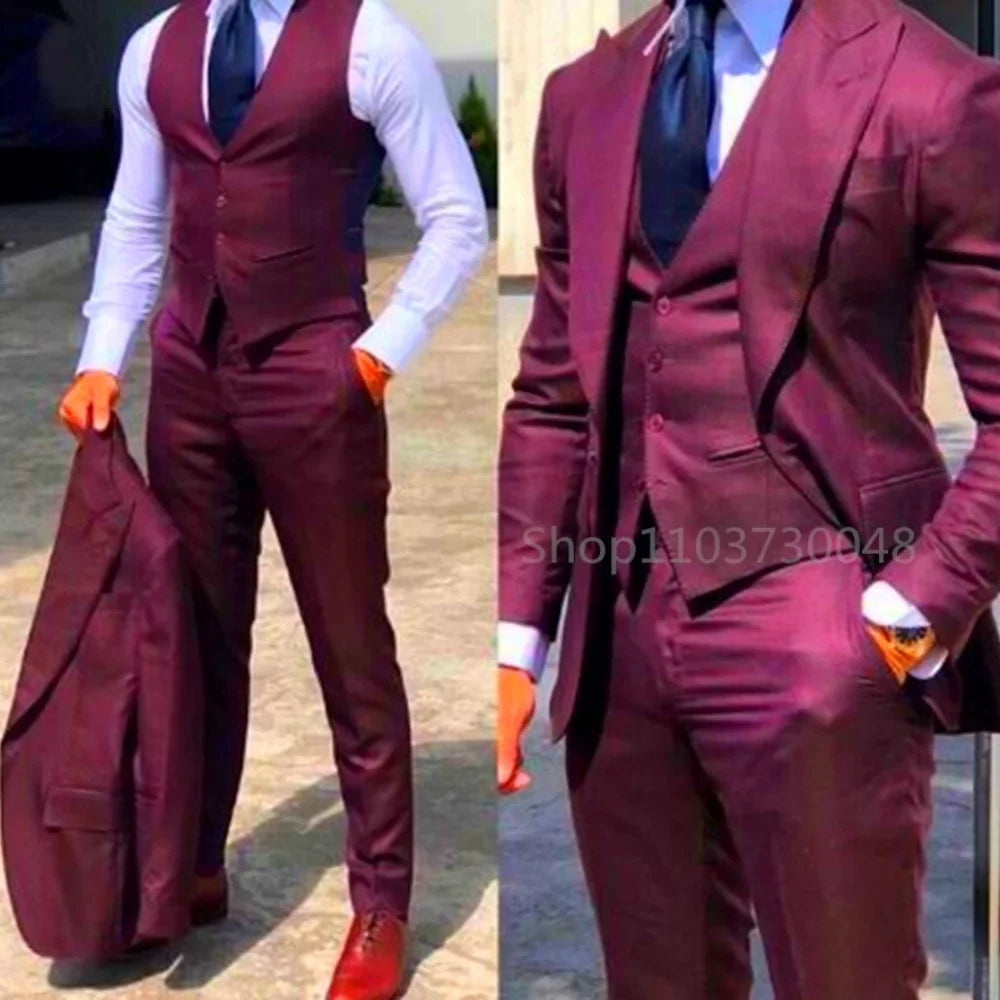 3PCS Men's Formal Tuxedo Set with Peaked Lapel Blazer Vest Pant  Fashion Business Suits For Party Wedding Groom