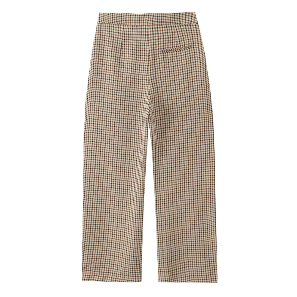 Stylish Plaid Pant Suits for Women New in Commuting Style Two Pieces Straight Plaid Blazer Matching Tonal Pleated Wide Leg Pants