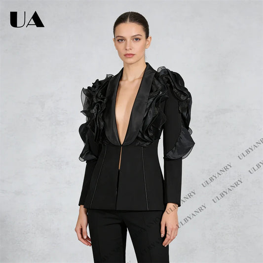 2026 Women's Black Blazer with Ruffled Organza Sleeves for Masquerade Ball Bold Avant-Garde Outfit Formal Events Suit Blazer