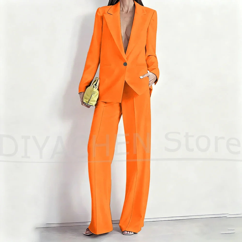 Women's Suit Set Peak Lapel One Button Blazer and Wide-Leg Pants Fashion Formal Casual Party Office Stylish Pants Sets Two Piece