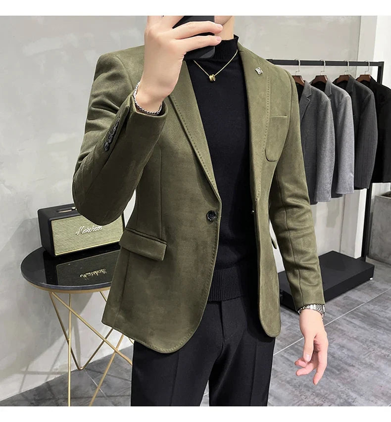 2023 Spring Suede Suit Jacket Men Casual Business Slim Fit Blazer Deerskin Leather Jacket Men Wedding Street Wear Social Coat